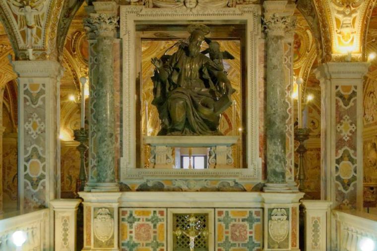 The statue of St. Matthew above the crypt altar beneath the cathedral of Salerno, Italy.