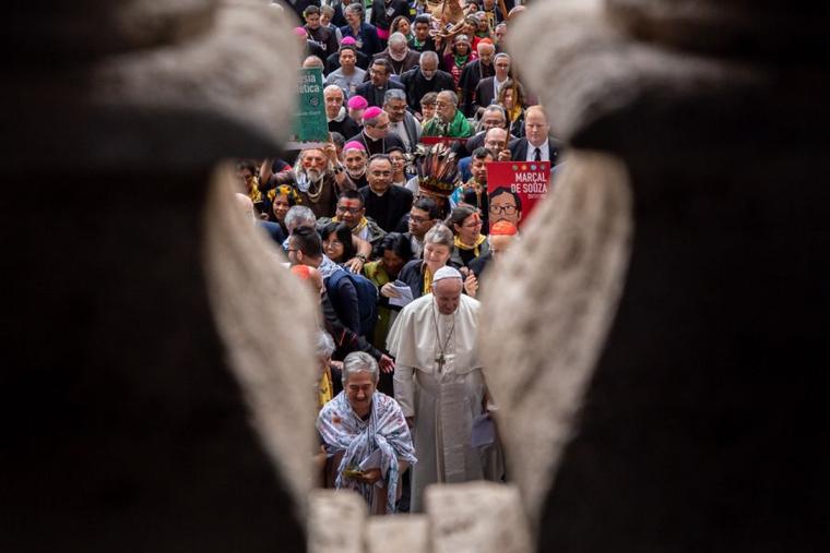 Pope Francis leads the opening procession of the Synod of Bishops for the Pan-Amazon Region from St. Peter's Basilica to the Synod Hall where he led the opening prayer, Oct. 7, 2019.
