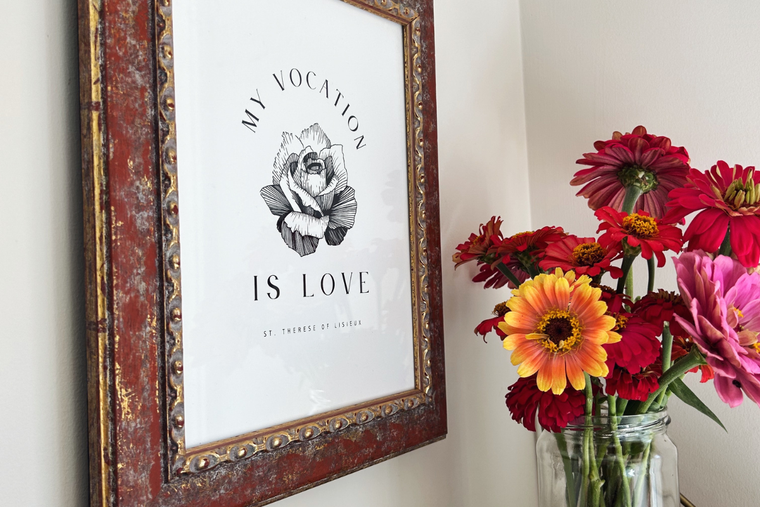Theresian-themed quotes decorate the home of Bridget McCartney Nohara, who shares the Little Flower’s love of flowers.