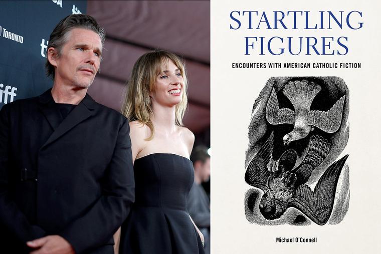 LEFT: Ethan Hawke and Maya Hawke attend the “Wildcat” premiere during the 2023 Toronto International Film Festival at the Royal Alexandra Theatre on Sept. 11, 2023, in Toronto. RIGHT: Book cover of “Startling Figures” by Michael O’Connell.