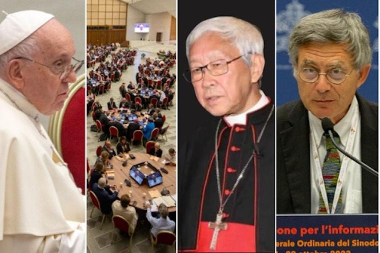 L to R: Pope Francis, the round tables at the Synod on Synodality at the Vatican, Cardinal Joseph Zen, and Paolo Ruffini.