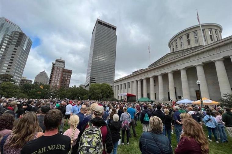 Crowds gather for the Ohio March for Life outside the Ohio State Capitol in Columbus on Friday, Oct. 6.