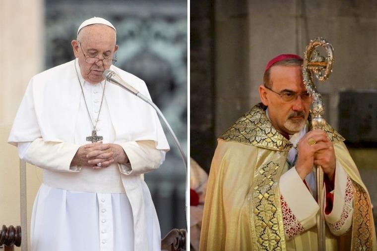 L to R: Pope Francis prays during a general audience in St. Peter's Square on Sept. 20. Cardinal Pierbattista Pizzaballa, patriarch of the Latin Patriarchate of Jerusalem, celebrates Easter Sunday Mass at the Basilica of the Holy Sepulchre in Jerusalem on April 4, 2021.