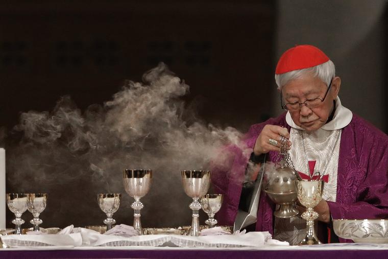 Cardinal Joseph Zen presides over a vigil Mass for Bishop Michael Yeung in Hong Kong, Thursday, Jan. 10, 2019.