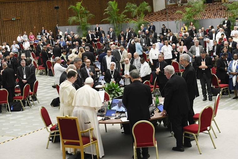 Pope Francis leads prayer to begin the morning session at the Synod on Synodality Oct. 13 in Paul VI Hall at the Vatican.