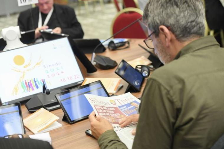 A delegate participates in round-table discussions at the Synod on Synodality Oct. 10.