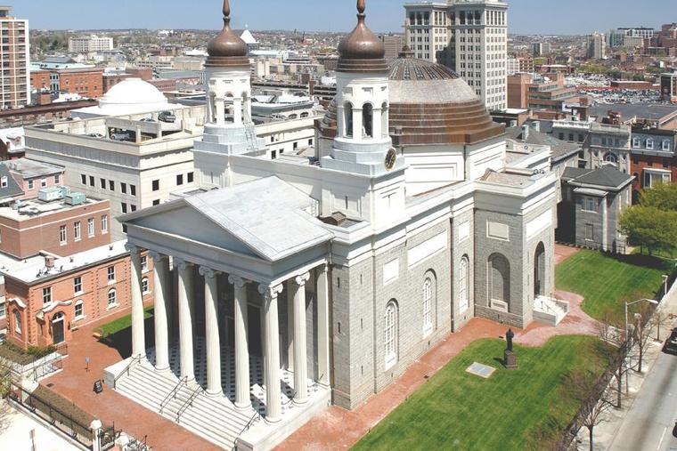 A view of Baltimore's Basilica nestled amid the city's famed row houses.