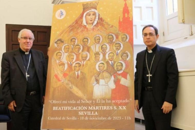 Archbishop José Ángel Saiz Meneses of of Seville, Spain, and his auxiliary, Bishop Teodoro León Muñoz, attend a press conference announcing the Nov. 18 beatification of the Spanish martyrs.