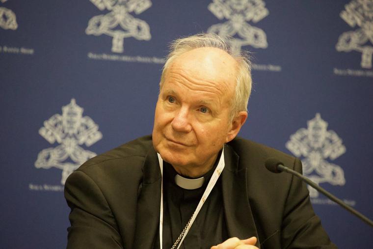Cardinal Christoph Schönborn of Vienna during a press briefing at the Synod on Synodality Oct. 23, 2023.