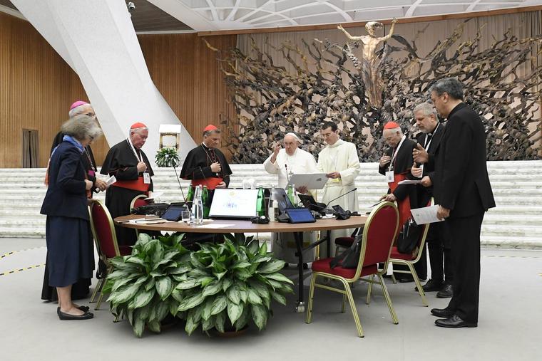 Pope Francis leads prayer at the Synod on Synodality Oct. 28 at the Paul VI Hall at the Vatican.