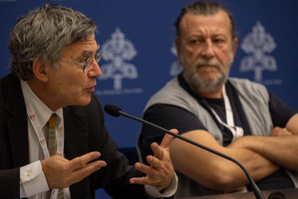 Synod on Synodality spokesman Paolo Ruffini speaks a press briefing on Oct. 11, 2023, at the Vatican. Credit: Daniel Ibáñez | CNA
