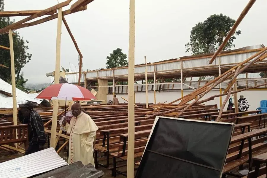 Bishop Method Kilaini at the site of the destroyed St. John Paul II Rwamishenye Church in the Diocese of Bukoba in Tanzania, Oct. 18, 2023. Credit: Radio Mbiu FB