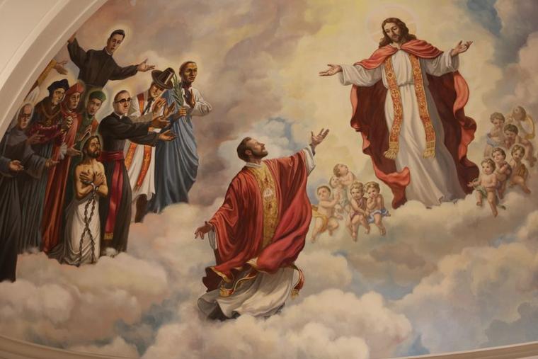 Detail of a mural showing Blessed Stanley Rother being welcomed into heaven at the new Blessed Stanley Rother Shrine in Oklahoma City.