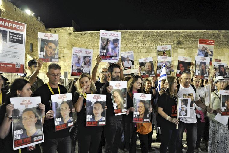 Families and relatives of Israeli hostages held by Hamas gather for prayer at the Western Wall in Jerusalem on Nov. 7, 2023, one month after the deadly Hamas attacks.