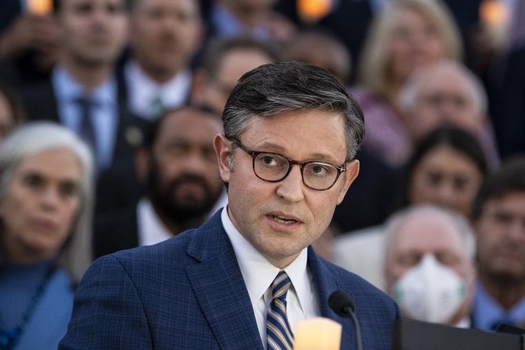 Speaker of the House Mike Johnson, R-La., gives remarks during a bipartisan candlelight vigil for Israeli victims and hostages of the conflict with Hamas, at the U.S. Capitol, in Washington, D.C., on Tuesday, November 7, 2023.