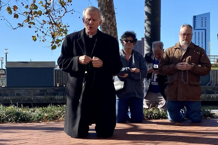Bishop Joseph Strickland, who was removed as the leader of the Diocese of Tyler, Texas, by Pope Francis on Nov. 11, leads the recitation of the Rosary outside the site of the U.S. bishops' fall assembly in Baltimore on Nov. 14.