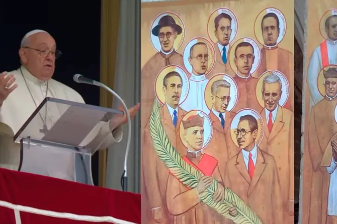 l to R: Pope Francis at the Sunday, Nov. 19, Angelus; martyrs beatified in Seville, Spain, on Nov. 18.