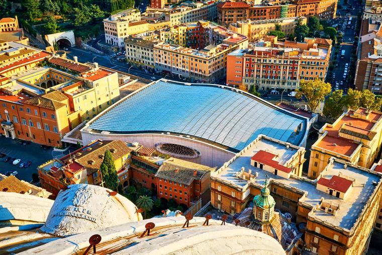 The Paul VI Audience Hall, site of the 2023 Synod on Synodality, is seen from the dome of St. Peter’s Basilica