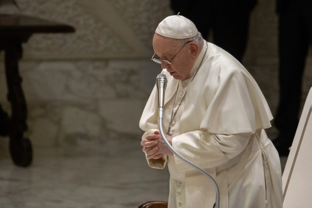 Pope Francis prays during his Wednesday general audience on Dec. 27, 2023. Credit: Vatican Media