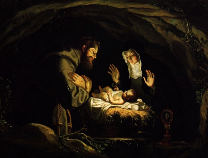 17th -century painting of Sts. Francis and Clare adoring Baby Jesus