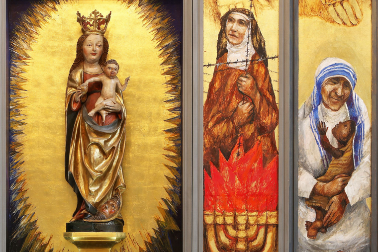 L to R: Blessed Mother and Baby Jesus, St. Edith Stein/Teresa Benedicta of the Cross, St. Teresa of Calcutta