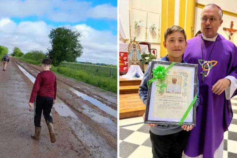 Maximiliano Pavillaux walks in the mud to reach the parish for confirmation on Nov. 11, 2023. / The child receives the recognition of Pope Francis from Bishop Mauricio Landra, the auxiliary bishop of Mercedes-Luján, Argentina.