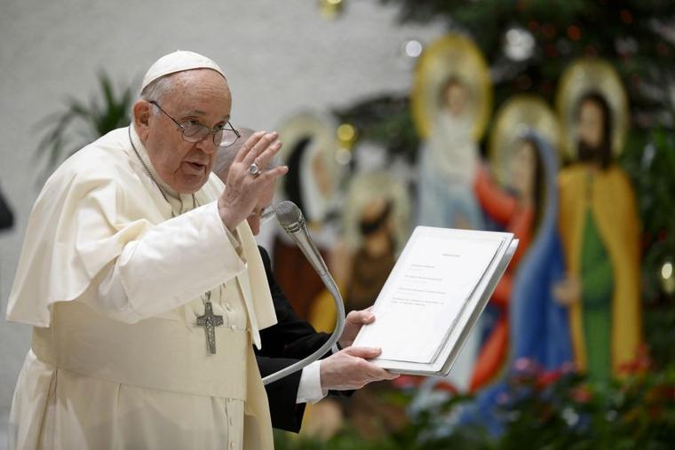 Pope Francis speaks at his general audience Dec. 13, 2023, in Paul VI Hall at the Vatican.