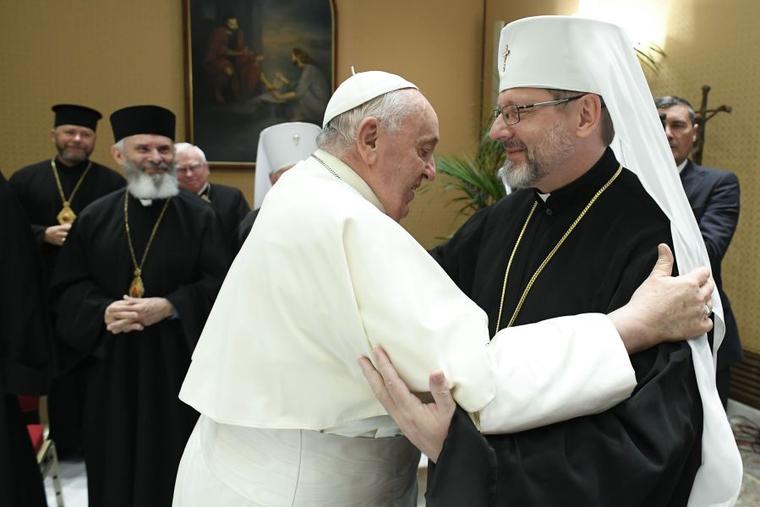 Pope Francis embraces Major Archbishop Sviatoslav Shevchuk, the leader of the Ukrainian Greek Catholic Church, during a meeting with bishops of the Synod of the Ukrainian Greek Catholic Church at the Vatican on Sept. 6.