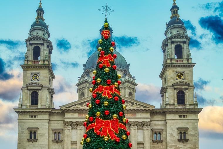 A Christmas tree stands in St. Stephen Square in Budapest.