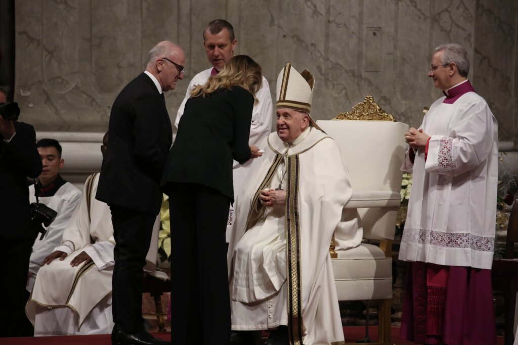 Pope Francis greets guests attending the Mass for the Solemnity of the Epiphany of the Lord at St. Peter's Basilica on Jan. 6, 2024. Credit: Elizabeth Alva/CNA