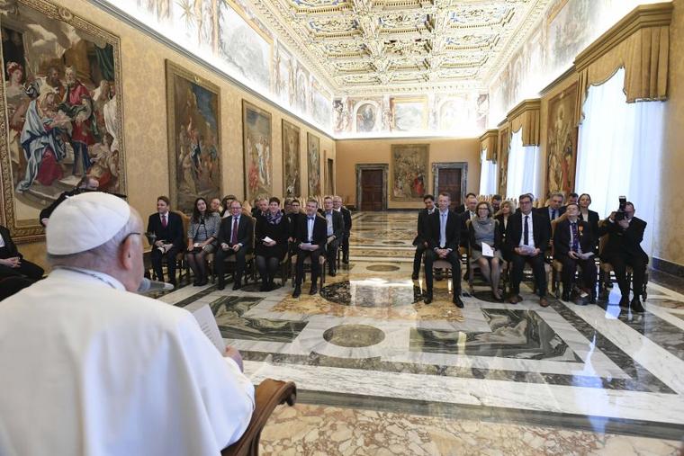 Pope Francis meets with a delegation from the Society of Catholic Publicists of Germany on the 75th anniversary of its foundation Jan. 4, 2024, at the Vatican.