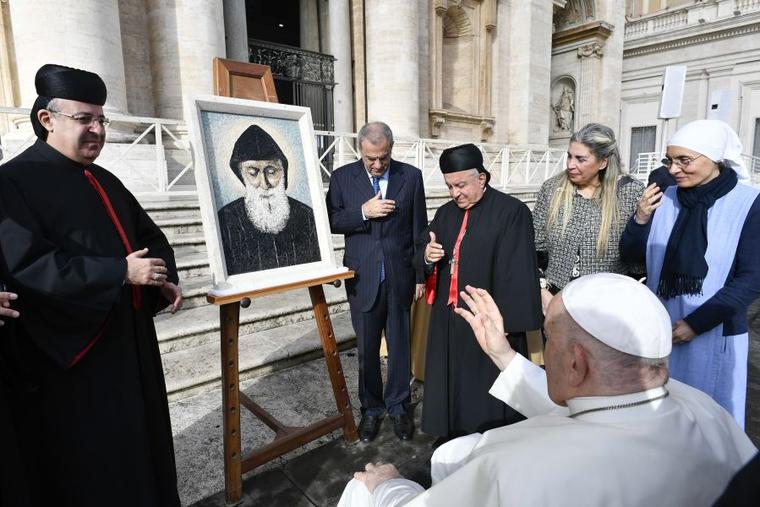 Pope Francis blesses a mosaic of St. Charbel after his general audience Nov. 15, 2023, in St. Peter’s Square.