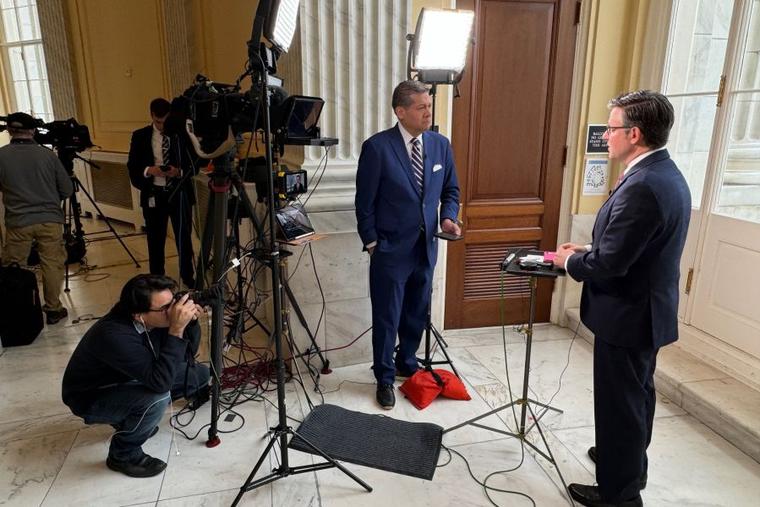 House Speaker Mike Johnson speaks with EWTN News' Erik Rosales at the U.S. Capitol.