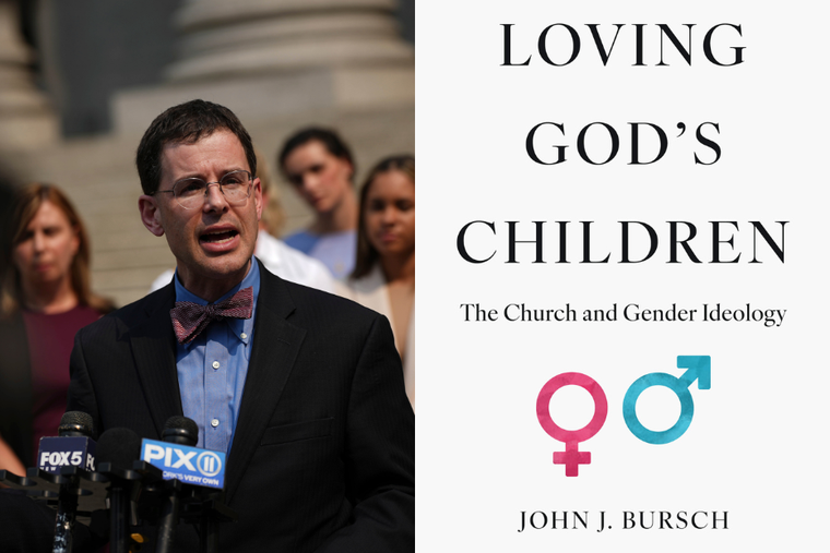 (L-R) Attorney John Bursch, representing Connecticut female high-school athletes Alanna Smith, Chelsea Mitchell, Selina Soule and Ashley Nicoletti, speaks outside Thurgood Marshall U.S. Courthouse in New York City after suing the Connecticut school system for allowing transgender women to compete against biological women in elite athletics on June 6, 2023. Book cover of Bursch's new book now available at Sophia Institute Press and EWTN's Religious Catalogue.
