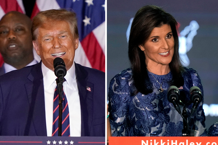 (L-R) Republican presidential candidate former President Donald Trump speaks at a primary election night party in Nashua, N.H., Tuesday, Jan. 23, 2024. Watching from left are Vivek Ramaswamy, Sen. Tim Scott, R-S.C., and Eric Trump. Republican presidential candidate and former UN Ambassador Nikki Haley speaks at a New Hampshire primary night rally, in Concord, N.H., Tuesday Jan. 23, 2024.