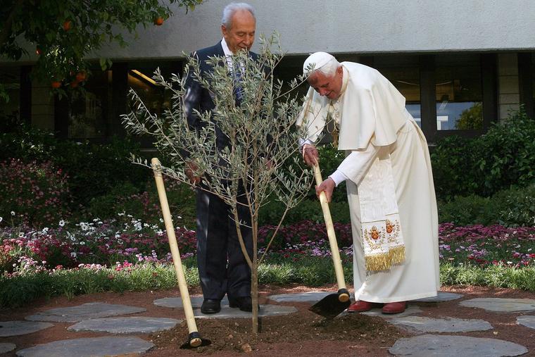 Pope Benedict XVI plants an olive tree with Israeli President Shimon Peres at the president’s residence May 11, 2009, in Jerusalem.