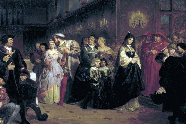 Emanuel Leutze’s 1846 painting “The Courtship of Anne Boleyn” depicts King Henry VIII and Anne Boleyn (l) and Catherine of Aragon (r).