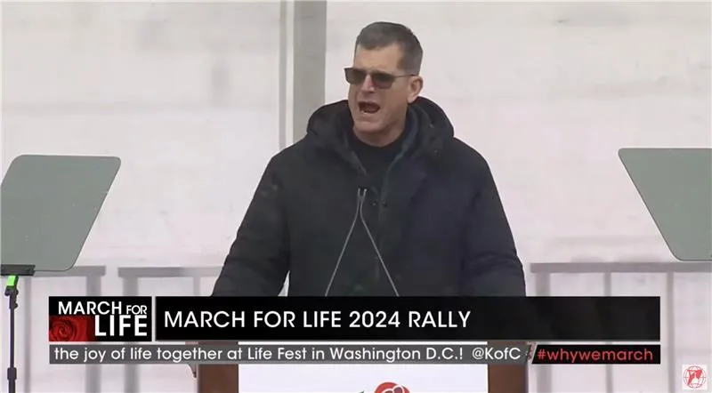 Jim Harbaugh, head coach of the Michigan Wolverines football team, introduces former NFL star Benjamin Watson at the March for Life rally Jan. 19, 2024, in Washington, D.C. Credit: EWTN