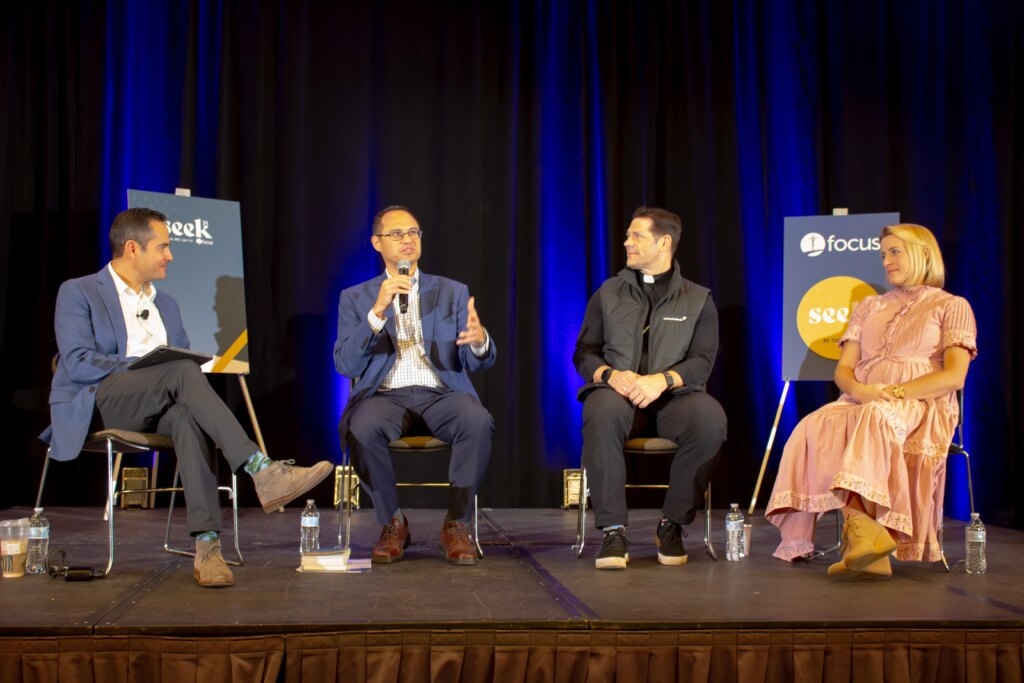 Steve Pries, Dr. Edward Sri, Father Mike Schmitz, and Emily Wilson speak at a press conference on Jan. 4, 2024, at the SEEK conference hosted by the Fellowship of Catholic University Students (FOCUS) in St. Louis. Credit: Jonah McKeown/CNA