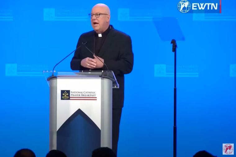 Bishop William Byrne of the Diocese of Springfield, Massachusetts, gives the keynote address at the 2024 National Catholic Prayer Breakfast in Washington, D.C., Feb. 8.
