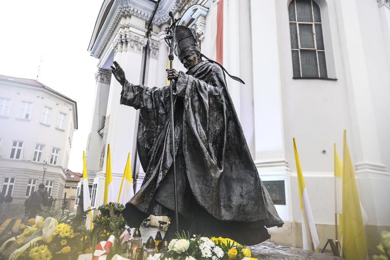 A statue of the late pope, St. John Paul II, at market square in Wadowice, Poland on April 2, 2023.