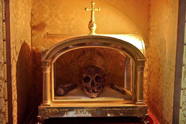 The reliquary and skull of Saint Ivo of Kermartin (St. Ives) (1253–1303), in Tréguier, Brittany, France.