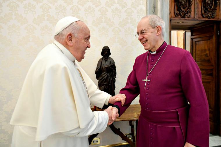 Pope Francis meets with Archbishop of Canterbury, Justin Welby  during an audience at the Apostolic Palace on January 25, 2024 in Vatican City, Vatican.