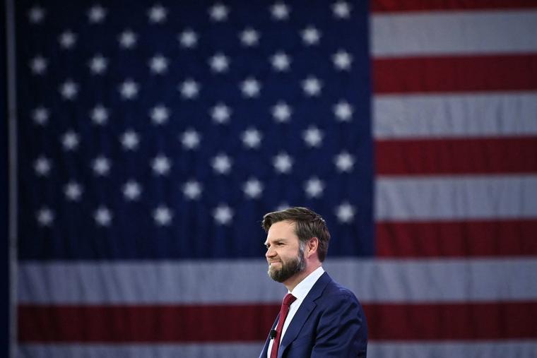 U.S. Sen. J.D. Vance, Republican of Ohio, who is Catholic, looks on during the Conservative Political Action Conference (CPAC) in National Harbor, Maryland, on Feb. 23.