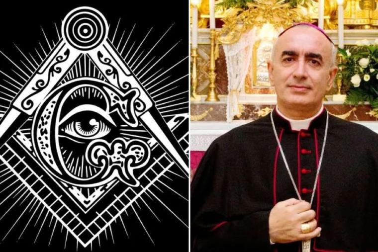 The president of the Pontifical Academy of Theology, Bishop Antonio Staglianò, shown above right, affirms that Freemasonry (portrayed above left) is incompatible with Catholicism.