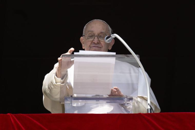 Pope Francis addresses pilgrims in St. Peter’s Square during his Sunday Angelus on Feb. 18, 2024.