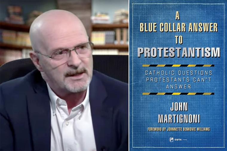 John Martignoni with the cover of his book, ‘A Blue Collar Answer to Protestantism’