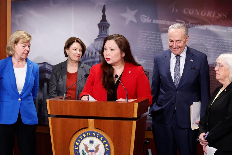 Sen. Tammy Duckworth (D-IL) speaks during a news conference at the U.S. Capitol on protections for access to in vitro fertilization on February 27, 2024 in Washington, DC.
