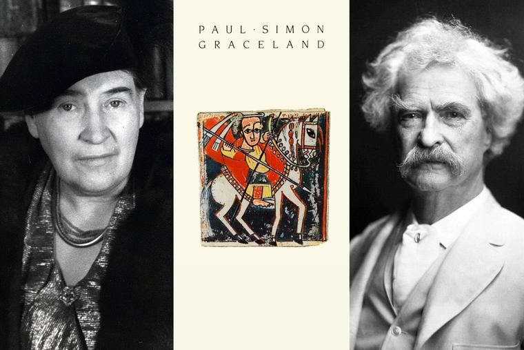 Willa Cather in 1936, Paul Simon’s 1986 ‘Graceland’ album cover, and Mark Twain in 1907