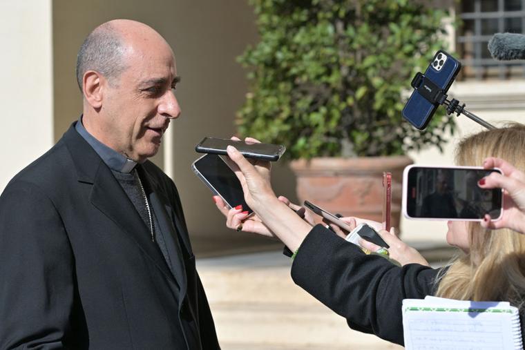 Argentinian cardinal Victor Manuel Fernandez speaks to the press on February 12, 2024 at San Damaso courtyard in the Vatican.